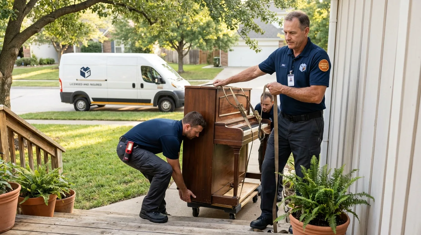 Licensed piano movers securing grand piano in Brodheadsville, PA