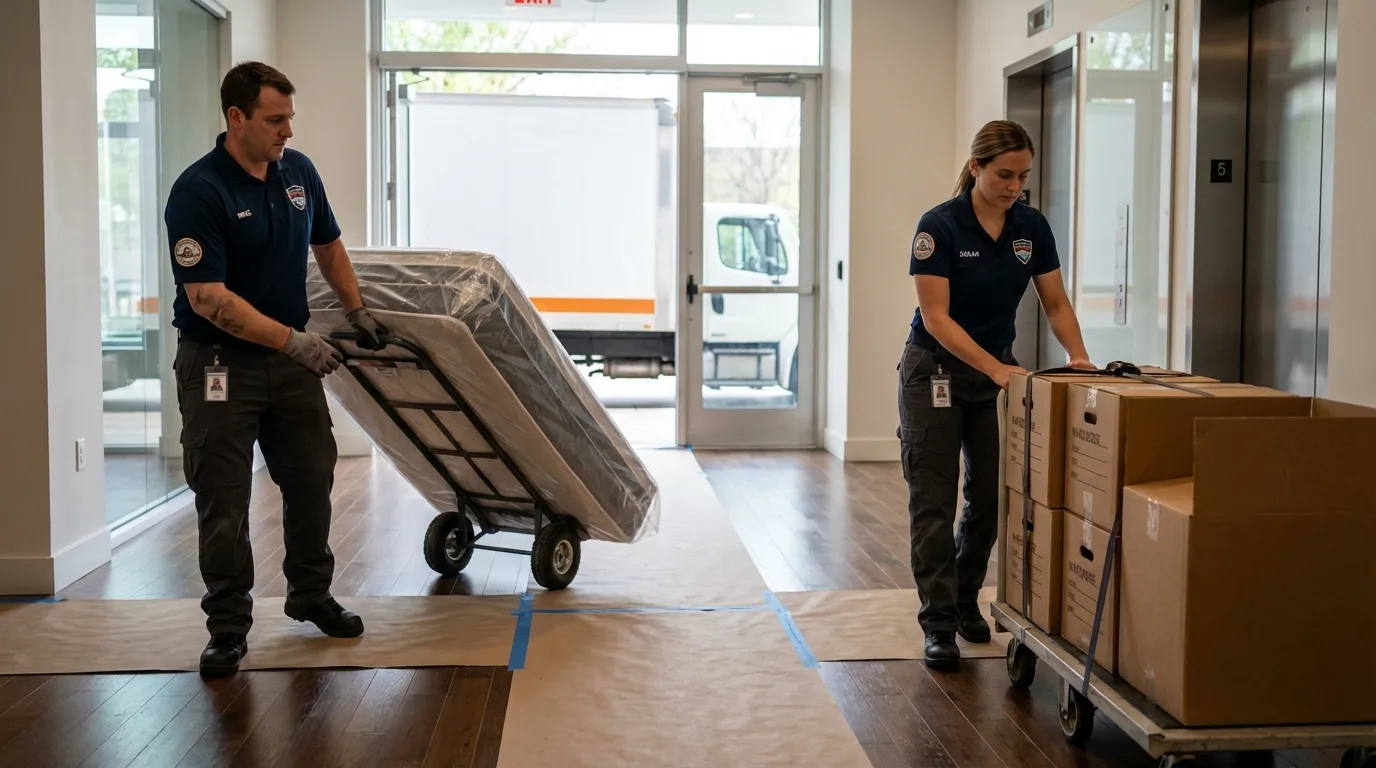 Professional apartment movers loading elevator in Brodheadsville, PA