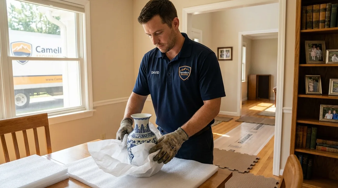 Professional crew carefully wrapping antique vase for senior downsizing move in Brodheadsville, PA